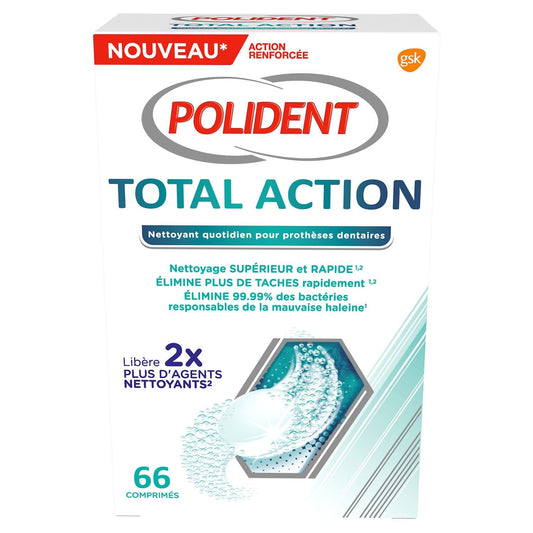 Comprimés Nettoyant et Désinfectant Total Action Elimine les Taches POLIDENT le paquet de 66 comprimés