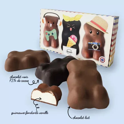 Coffret 3 Oursons coeur guimauve enrobés de chocolat au lait et noir CHOCODIC