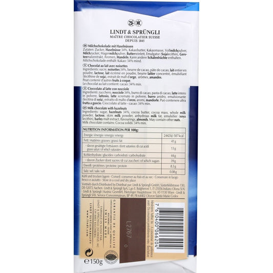 LES GRANDES LINDT Hazelnut Milk Chocolate Bar