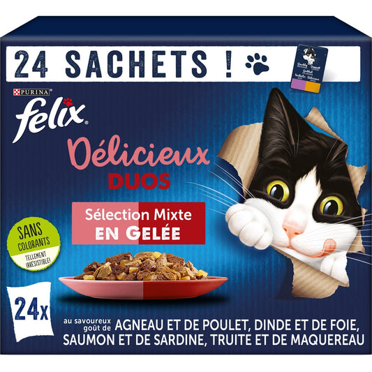 Pâtée pour Chat Adulte Délicieux Duos en Gelée Agneau Poulet Dinde Foie FELIX