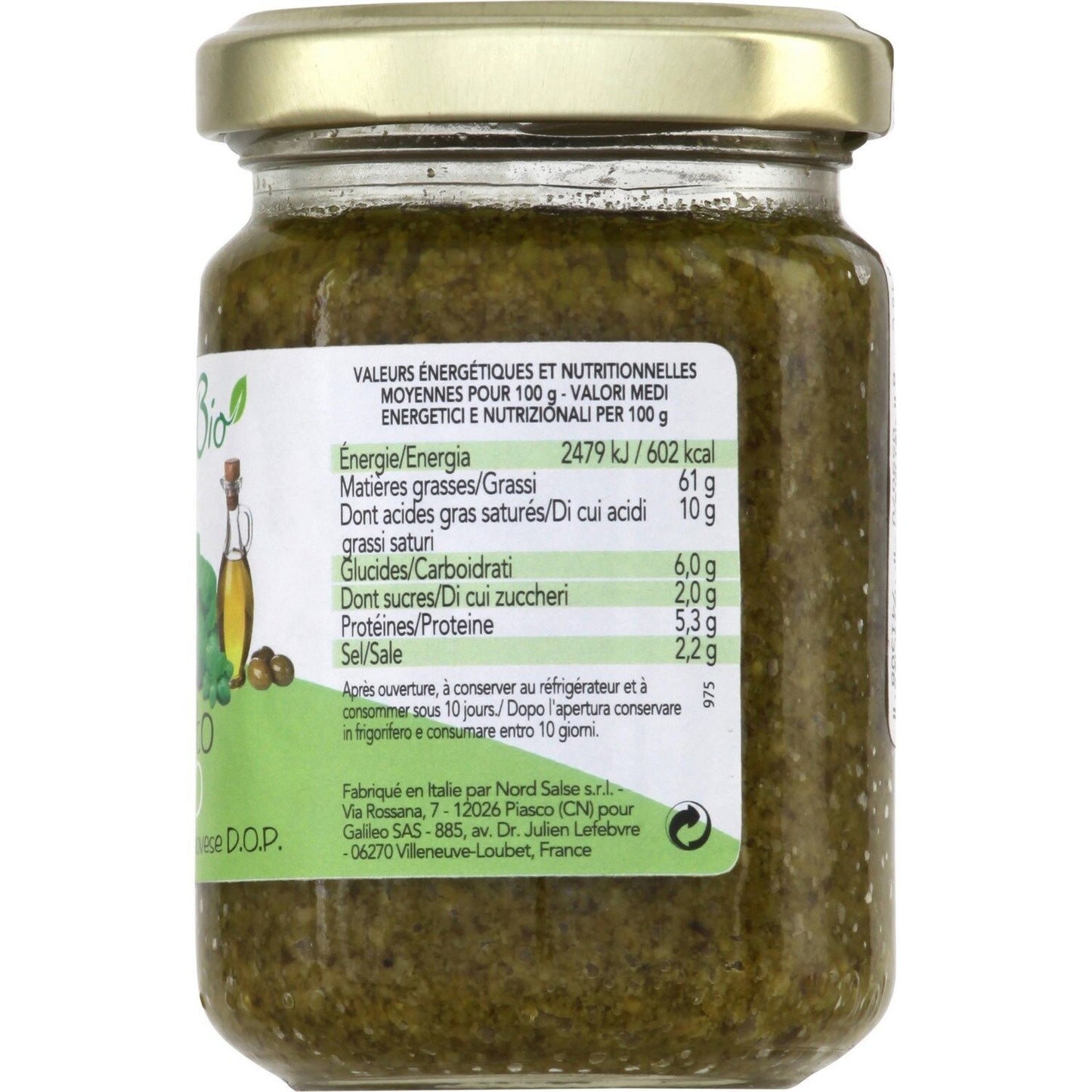 Sauce Bio Pesto Sans Gluten L'ITALIE DU BIO