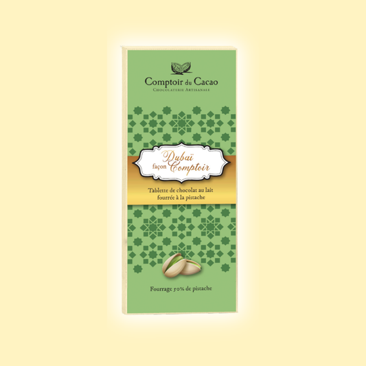 Tablette chocolat au lait pistache Dubaï COMPTOIR DU CACAO