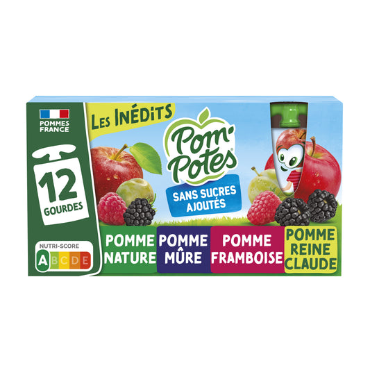 Compotes les Inédits Pomme, Mûre, Framboise, Reine Claude Sans Sucres Ajoutés POM'POTES