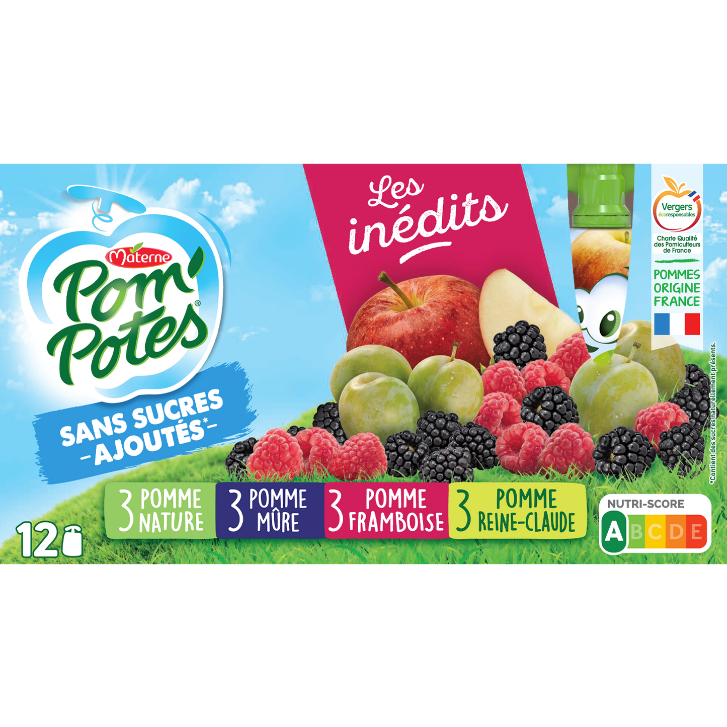 Compotes les Inédits Pomme, Mûre, Framboise, Reine Claude Sans Sucres Ajoutés POM'POTES