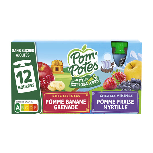 Compotes les P'tits Explorateurs Chez les Incas et Vikings Pomme Banane Grenade, Fraise Myrtille Sans Sucres Ajoutés POM'POTES