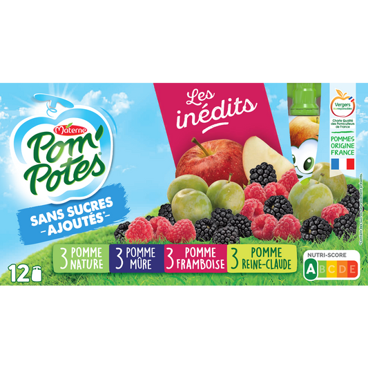 Compotes les Inédits Pomme, Mûre, Framboise, Reine Claude Sans Sucres Ajoutés POM'POTES